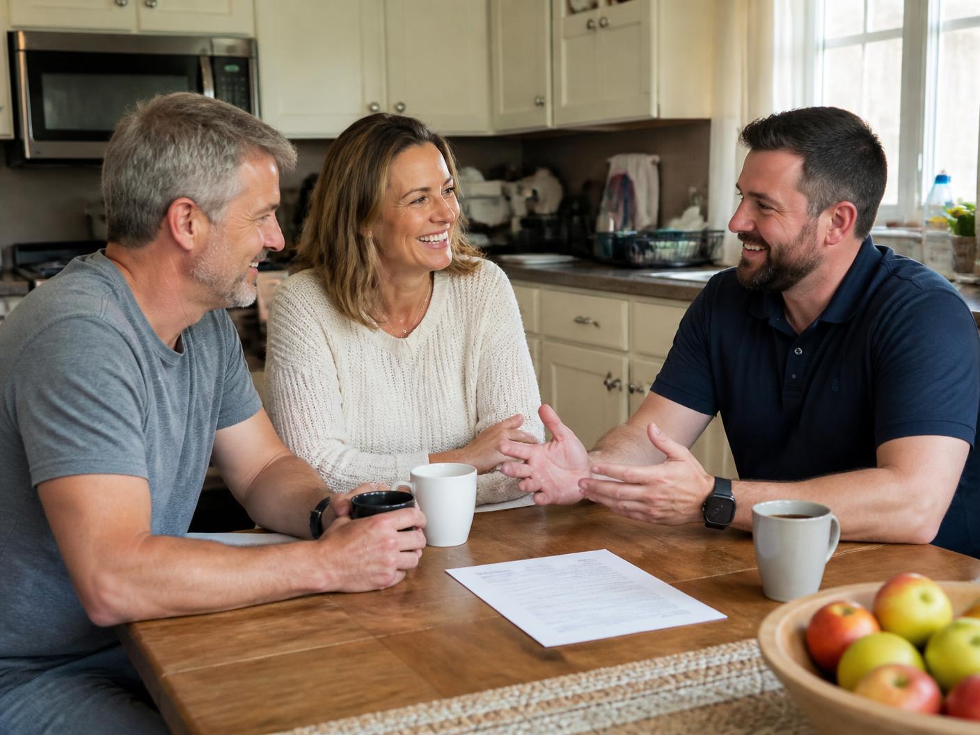 A couple talking with a local home buyer at their kitchen table